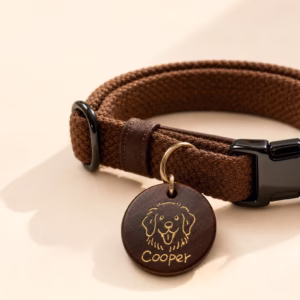 Personalized Dog Collar with Wooden Name Tag, Custom Pet ID Collar, Engraved Icon & Name, Brown Dog Collar