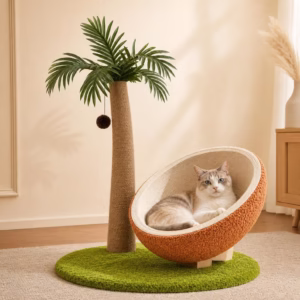 Tropical Cat Tree with Coconut Bed, Sisal Scratching Post & Pom Pom Toy, Indoor Cat Furniture, Large Cat Condo