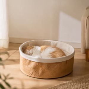 Adjustable Cat Bed, Kraft Paper Cat Cushion with Corduroy Pad, Round Felt Rim Pet Bed, Cozy Indoor Cat Nest, 2 Sizes