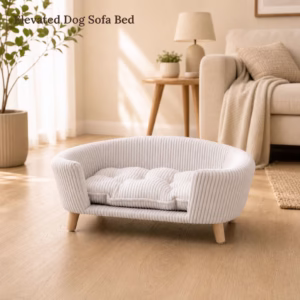 Elevated Dog Sofa Bed for Small Dogs, Beige Corduroy Pet Couch with Wood Legs, Cozy Puppy Bed, Small Dog Furniture, Modern Pet Bed