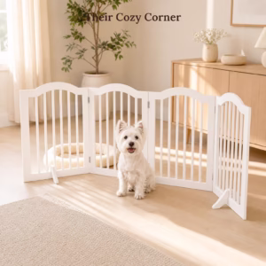 Freestanding Dog Gate, White Wooden 4 Panel Pet Fence, Foldable Indoor Puppy Barrier for Doorway Hallway Kitchen, No Assembly Pet Gate