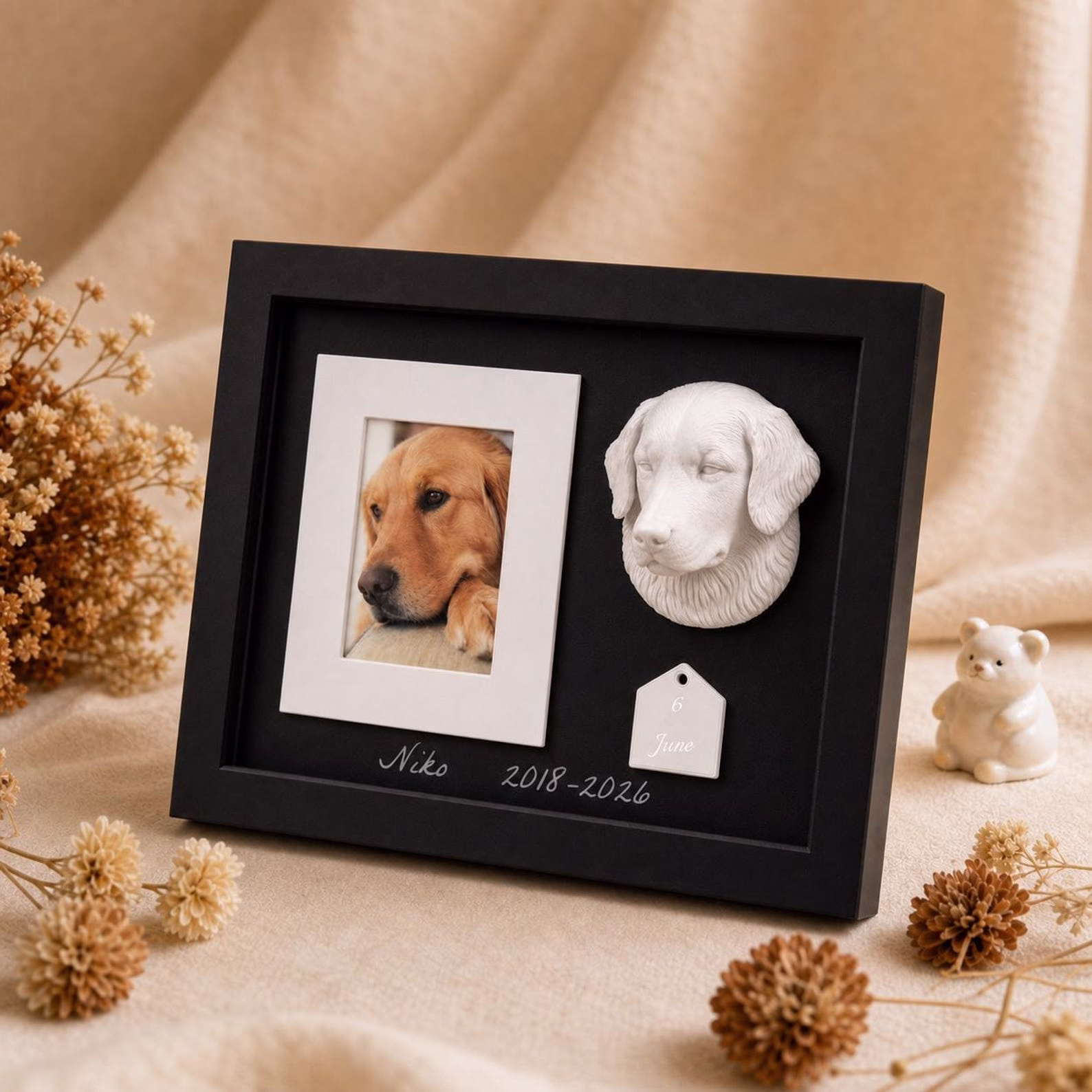 Custom Pet Memorial Photo Frame, Dog Cat Remembrance Shadow Box, Personalized Pet Loss Gift with 3D Pet Head, Month Tag & DIY Silver Marker