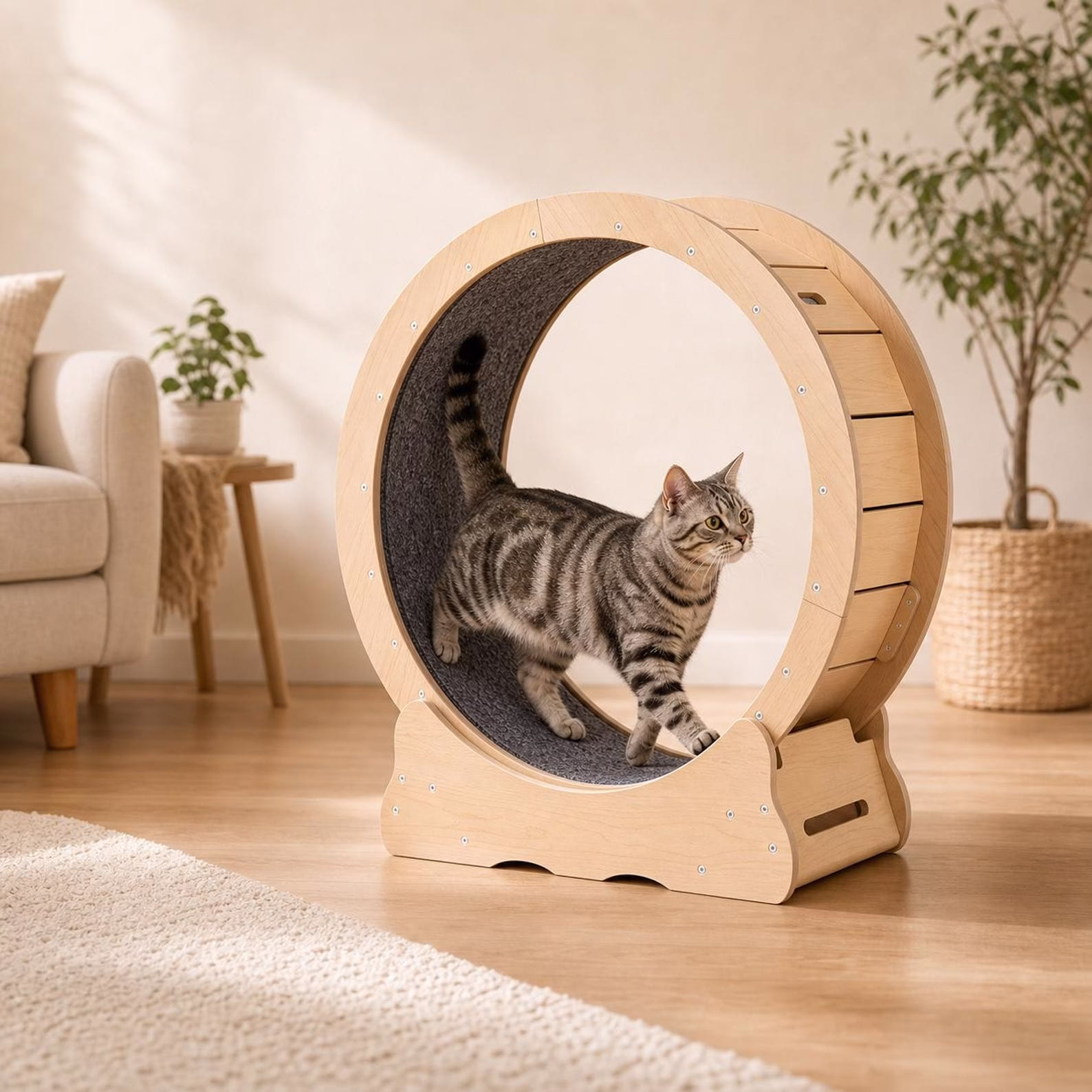 Cat Exercise Wheel for Indoor Cats, 29.5 Inch Wooden Cat Treadmill with Carpet Track, Cat Running Wheel, Modern Pet Furniture