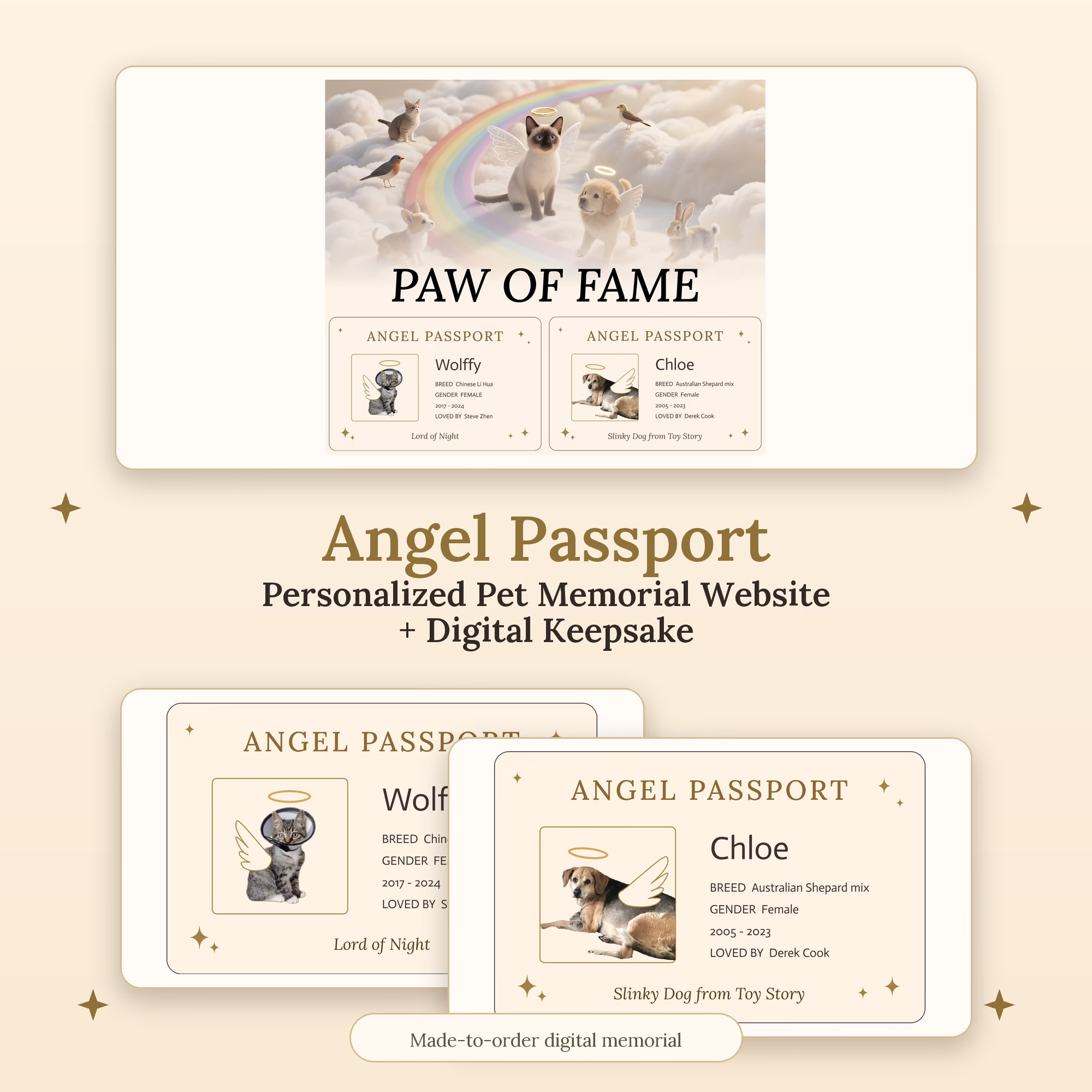 Pet Memorial Website, Custom Angel Passport Digital Keepsake, Personalized Rainbow Bridge Tribute for Dog Cat, Paw of Fame