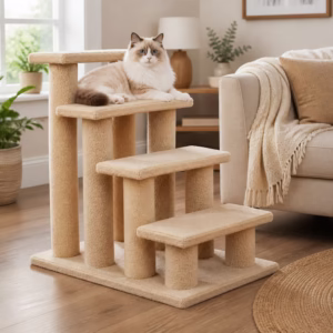 4 Step Carpeted Dog Stairs, Stairs for Cat, Beige Bedside Pet Steps, Senior Pet Ramp, Soft Plush Cat Scratcher