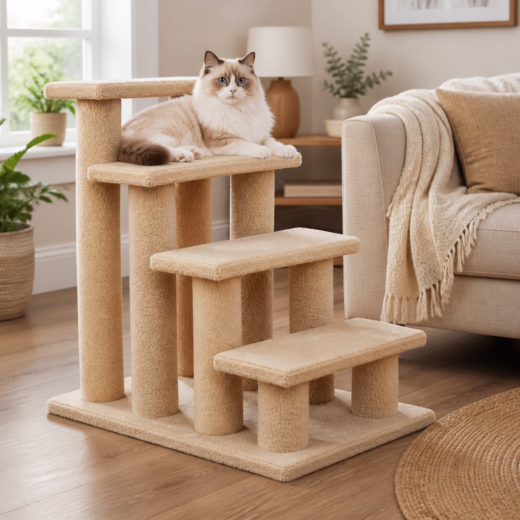 4 Step Carpeted Dog Stairs, Stairs for Cat, Beige Bedside Pet Steps, Senior Pet Ramp, Soft Plush Cat Scratcher