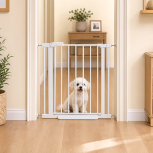 White Pressure Mounted Dog Gate, 30 Inch Tall Pet Gate for Doorways Hallways Stairs, Auto Close Walk Through Puppy Safety Gate
