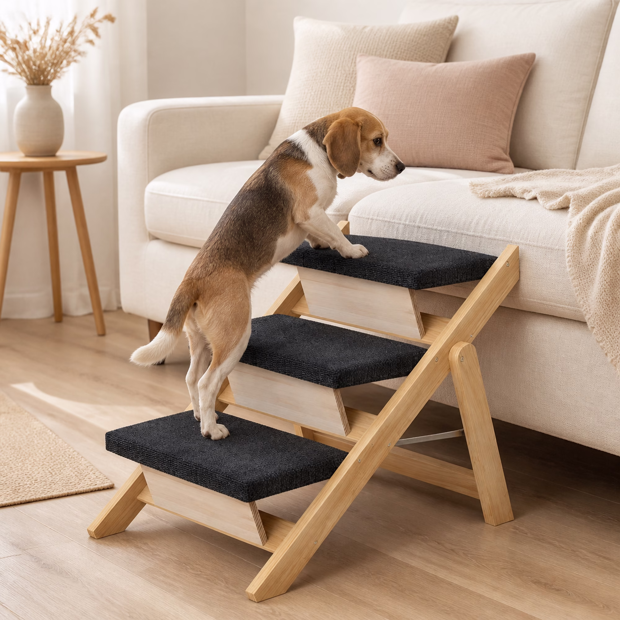 Dog Stairs for Bed, Foldable Wood Pet Steps & Ramp, 3 Step Non Slip Dog Ramp for Sofa, Cat Stairs, Natural Pine Pet Ladder