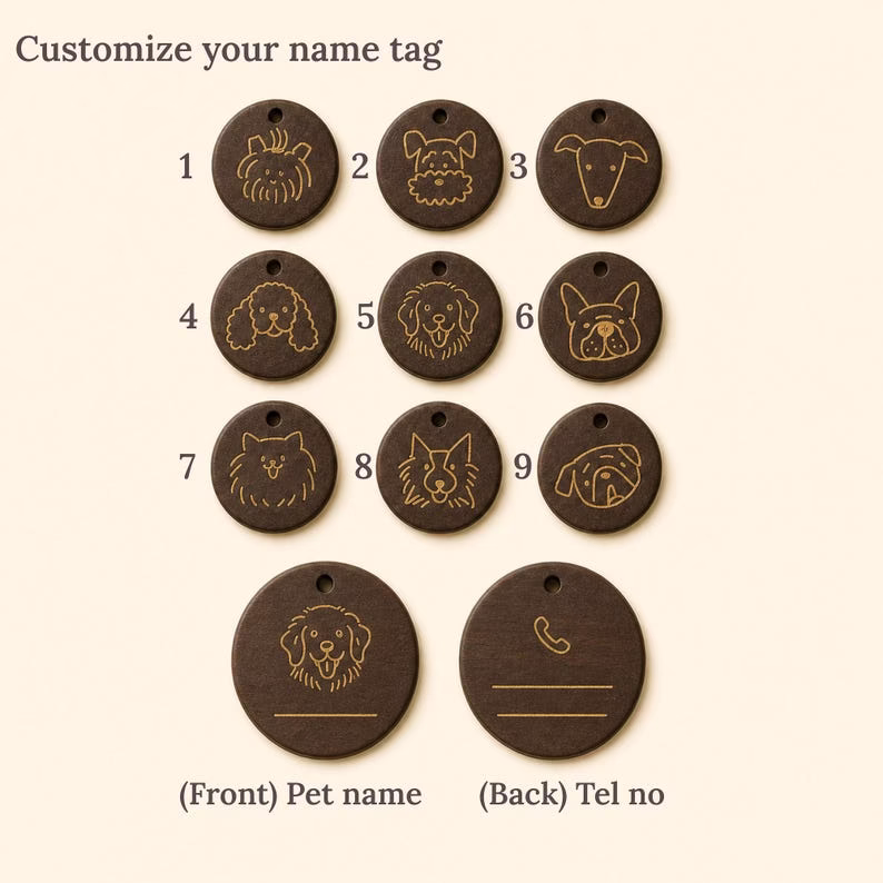 Personalized Dog Collar with Wooden Name Tag, Custom Pet ID Collar, Engraved Icon & Name, Brown Dog Collar - Image 2