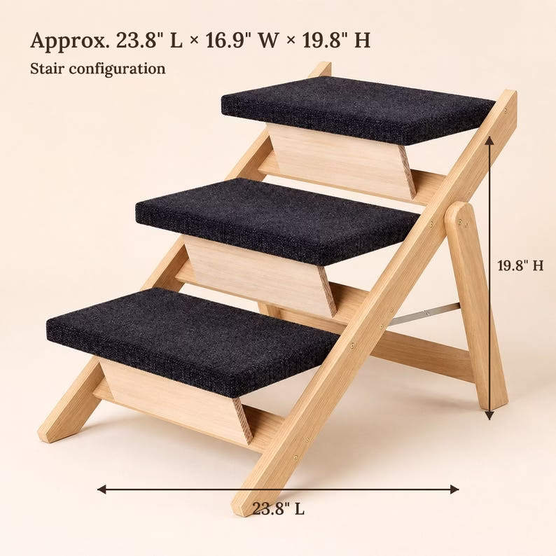 Dog Stairs for Bed, Foldable Wood Pet Steps & Ramp, 3 Step Non Slip Dog Ramp for Sofa, Cat Stairs, Natural Pine Pet Ladder - Image 2