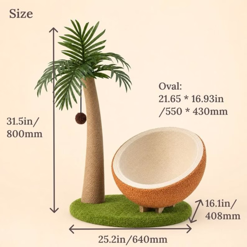 Tropical Cat Tree with Coconut Bed, Sisal Scratching Post & Pom Pom Toy, Indoor Cat Furniture, Large Cat Condo - Image 2