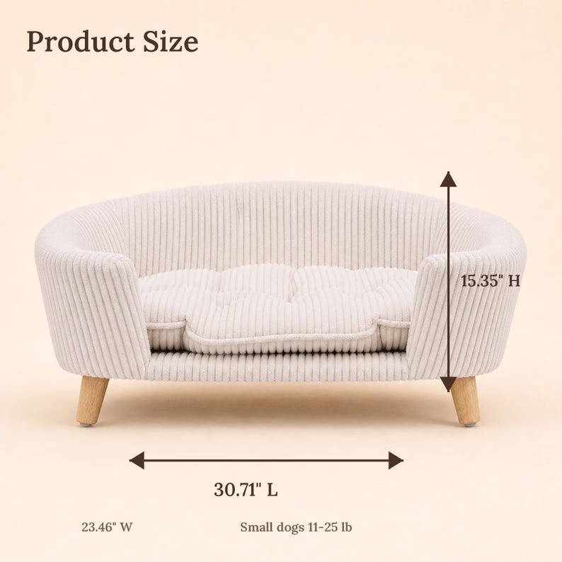 Elevated Dog Sofa Bed for Small Dogs, Beige Corduroy Pet Couch with Wood Legs, Cozy Puppy Bed, Small Dog Furniture, Modern Pet Bed - Image 2