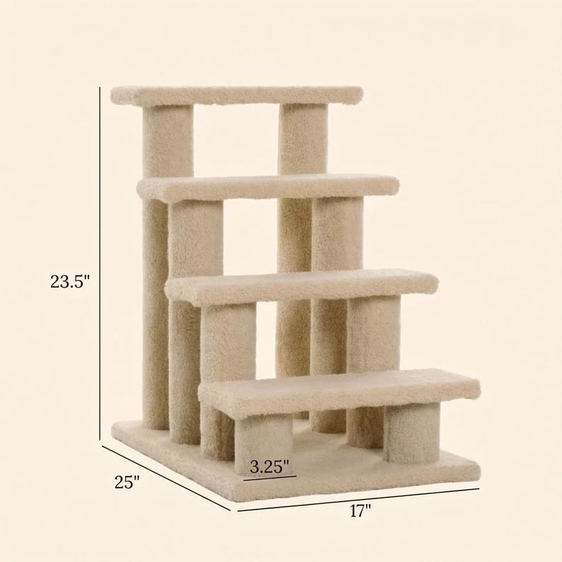 4 Step Carpeted Dog Stairs, Stairs for Cat, Beige Bedside Pet Steps, Senior Pet Ramp, Soft Plush Cat Scratcher - Image 2