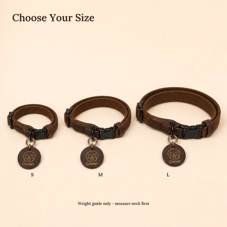 Personalized Dog Collar with Wooden Name Tag, Custom Pet ID Collar, Engraved Icon & Name, Brown Dog Collar - Image 3