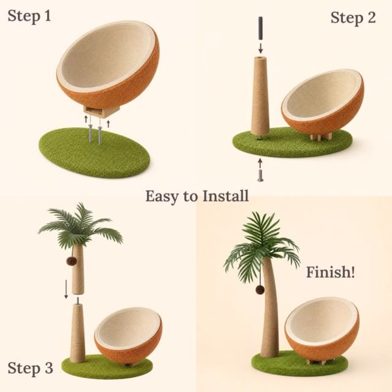 Tropical Cat Tree with Coconut Bed, Sisal Scratching Post & Pom Pom Toy, Indoor Cat Furniture, Large Cat Condo - Image 3