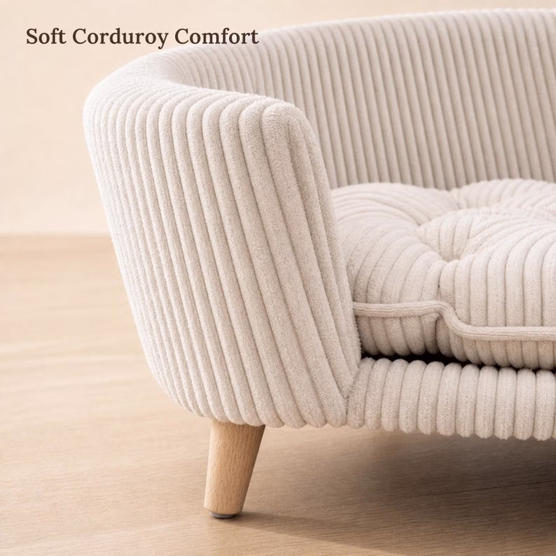 Elevated Dog Sofa Bed for Small Dogs, Beige Corduroy Pet Couch with Wood Legs, Cozy Puppy Bed, Small Dog Furniture, Modern Pet Bed - Image 3