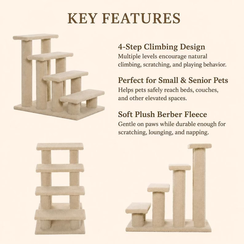4 Step Carpeted Dog Stairs, Stairs for Cat, Beige Bedside Pet Steps, Senior Pet Ramp, Soft Plush Cat Scratcher - Image 3