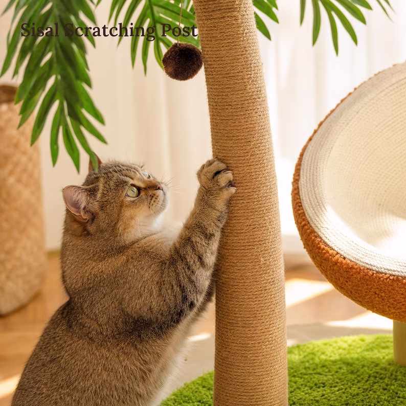Tropical Cat Tree with Coconut Bed, Sisal Scratching Post & Pom Pom Toy, Indoor Cat Furniture, Large Cat Condo - Image 4