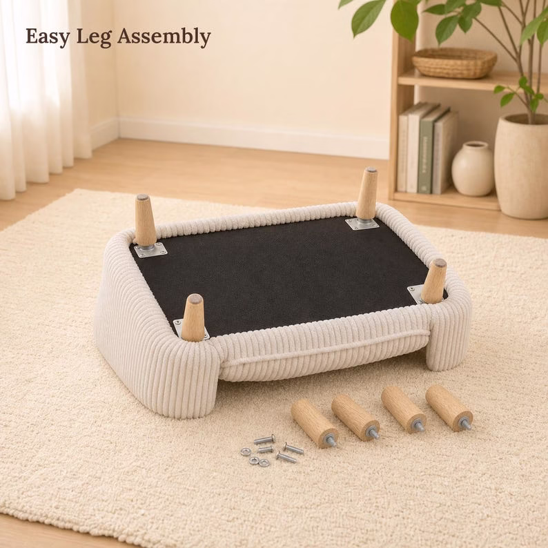 Elevated Dog Sofa Bed for Small Dogs, Beige Corduroy Pet Couch with Wood Legs, Cozy Puppy Bed, Small Dog Furniture, Modern Pet Bed - Image 4