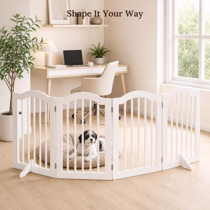 Freestanding Dog Gate, White Wooden 4 Panel Pet Fence, Foldable Indoor Puppy Barrier for Doorway Hallway Kitchen, No Assembly Pet Gate - Image 4