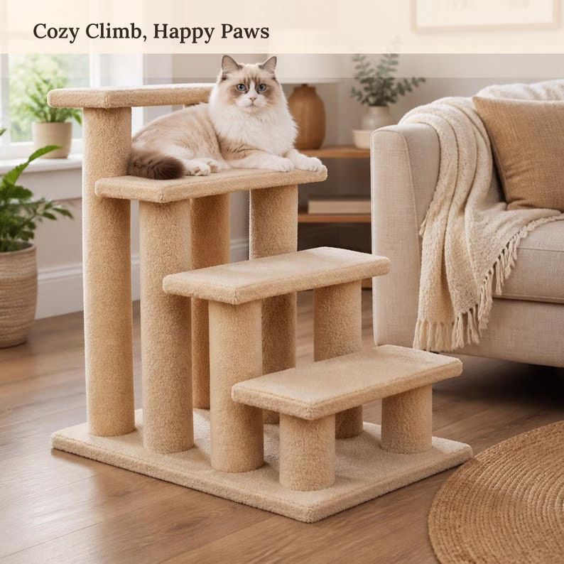 4 Step Carpeted Dog Stairs, Stairs for Cat, Beige Bedside Pet Steps, Senior Pet Ramp, Soft Plush Cat Scratcher - Image 4