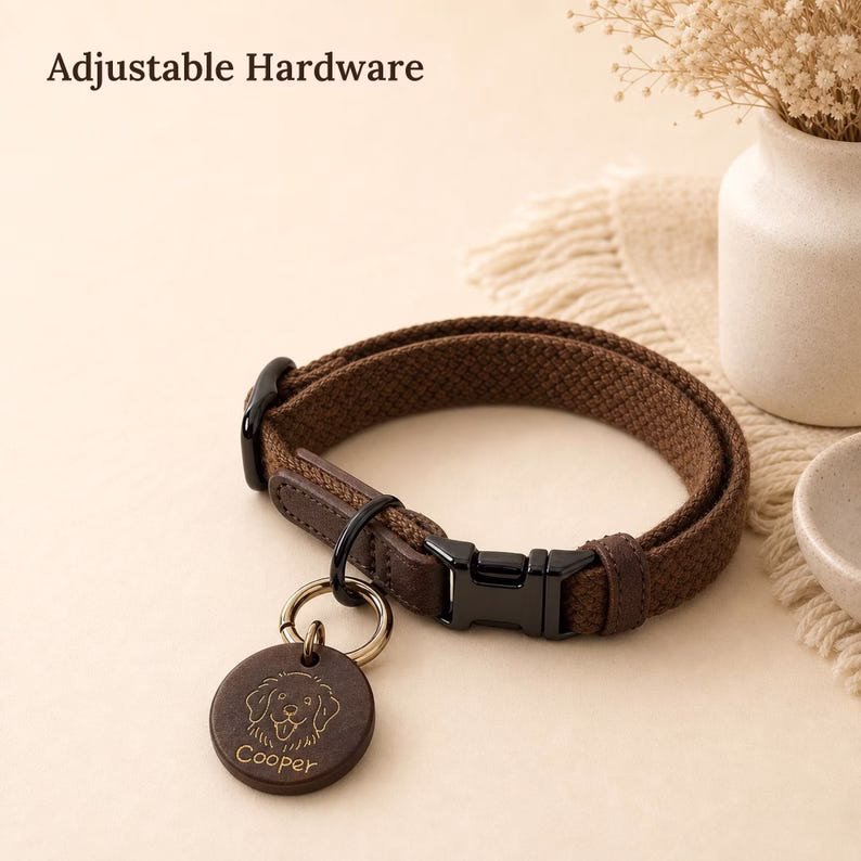 Personalized Dog Collar with Wooden Name Tag, Custom Pet ID Collar, Engraved Icon & Name, Brown Dog Collar - Image 5