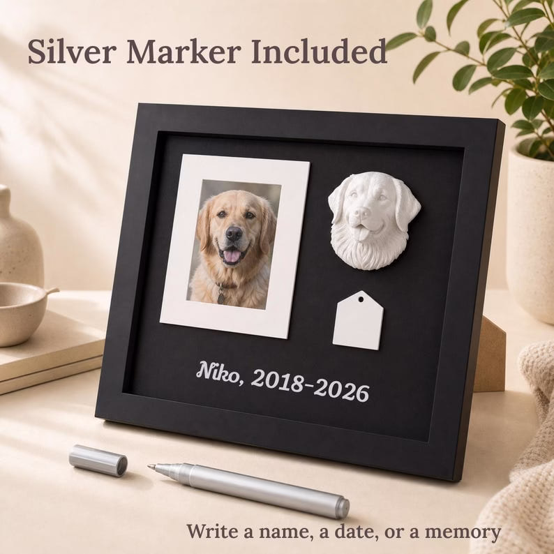 Custom Pet Memorial Photo Frame, Dog Cat Remembrance Shadow Box, Personalized Pet Loss Gift with 3D Pet Head, Month Tag & DIY Silver Marker - Image 5