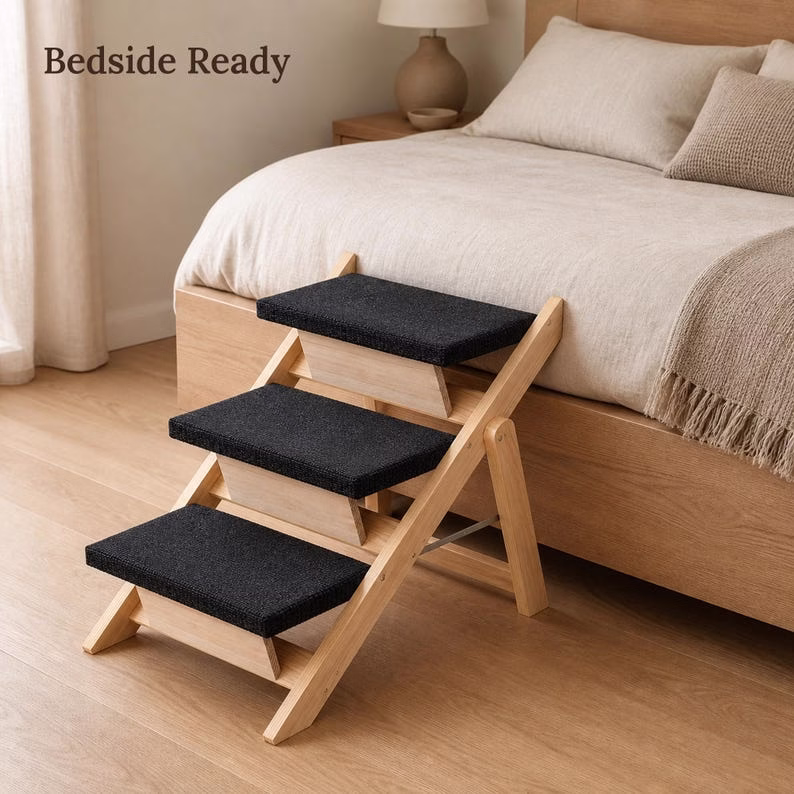 Dog Stairs for Bed, Foldable Wood Pet Steps & Ramp, 3 Step Non Slip Dog Ramp for Sofa, Cat Stairs, Natural Pine Pet Ladder - Image 5