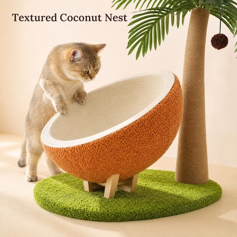 Tropical Cat Tree with Coconut Bed, Sisal Scratching Post & Pom Pom Toy, Indoor Cat Furniture, Large Cat Condo - Image 5