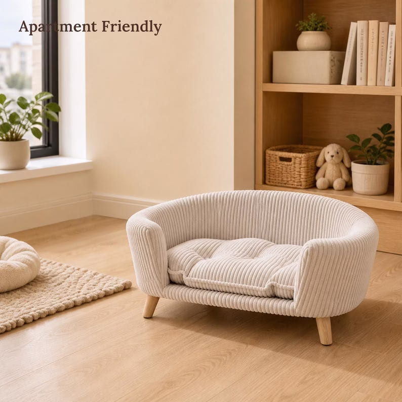 Elevated Dog Sofa Bed for Small Dogs, Beige Corduroy Pet Couch with Wood Legs, Cozy Puppy Bed, Small Dog Furniture, Modern Pet Bed - Image 5