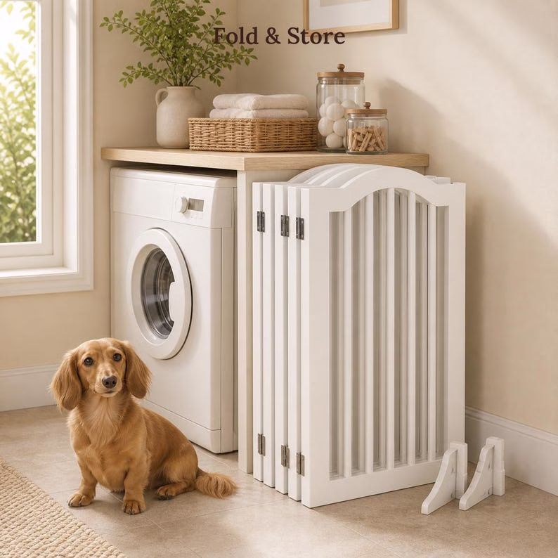 Freestanding Dog Gate, White Wooden 4 Panel Pet Fence, Foldable Indoor Puppy Barrier for Doorway Hallway Kitchen, No Assembly Pet Gate - Image 5