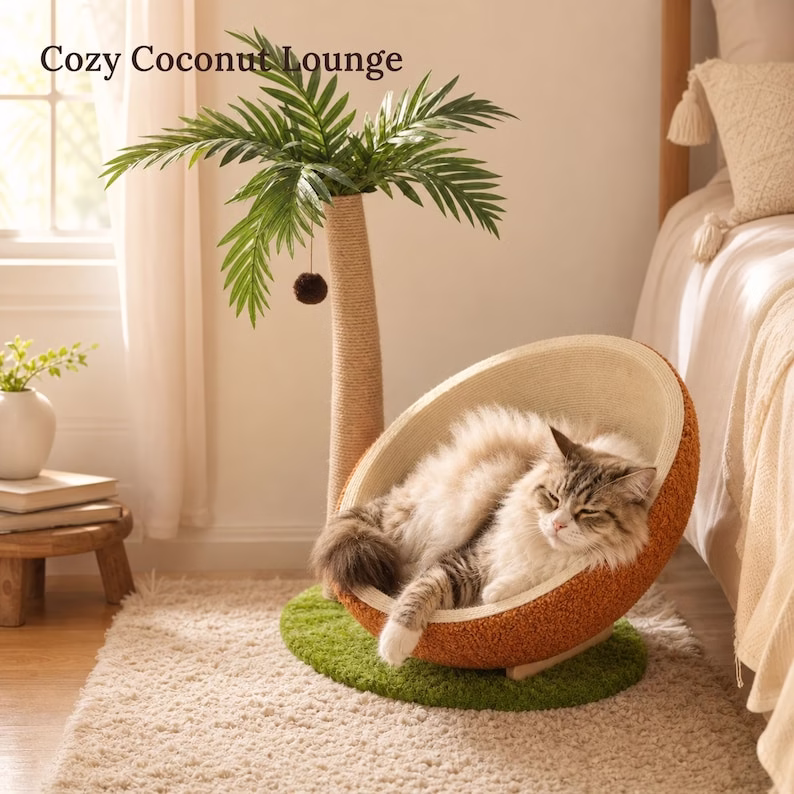 Tropical Cat Tree with Coconut Bed, Sisal Scratching Post & Pom Pom Toy, Indoor Cat Furniture, Large Cat Condo - Image 6