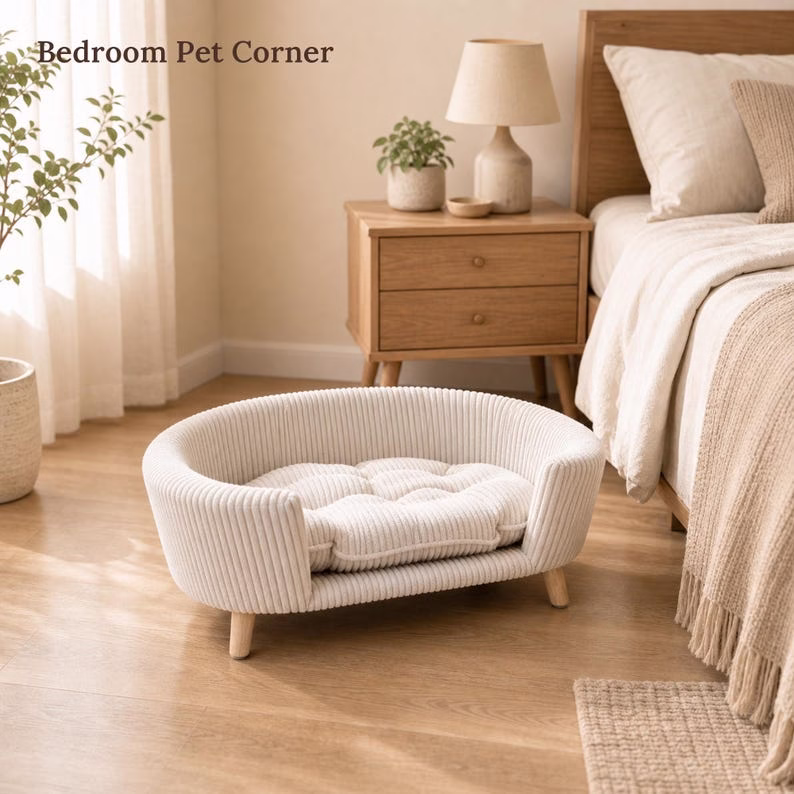 Elevated Dog Sofa Bed for Small Dogs, Beige Corduroy Pet Couch with Wood Legs, Cozy Puppy Bed, Small Dog Furniture, Modern Pet Bed - Image 6