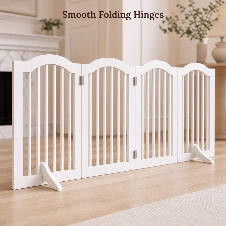 Freestanding Dog Gate, White Wooden 4 Panel Pet Fence, Foldable Indoor Puppy Barrier for Doorway Hallway Kitchen, No Assembly Pet Gate - Image 6