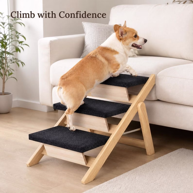 Dog Stairs for Bed, Foldable Wood Pet Steps & Ramp, 3 Step Non Slip Dog Ramp for Sofa, Cat Stairs, Natural Pine Pet Ladder - Image 7