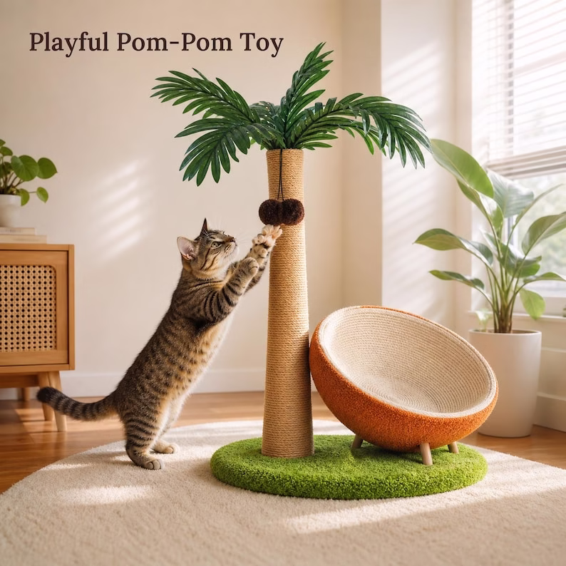 Tropical Cat Tree with Coconut Bed, Sisal Scratching Post & Pom Pom Toy, Indoor Cat Furniture, Large Cat Condo - Image 7