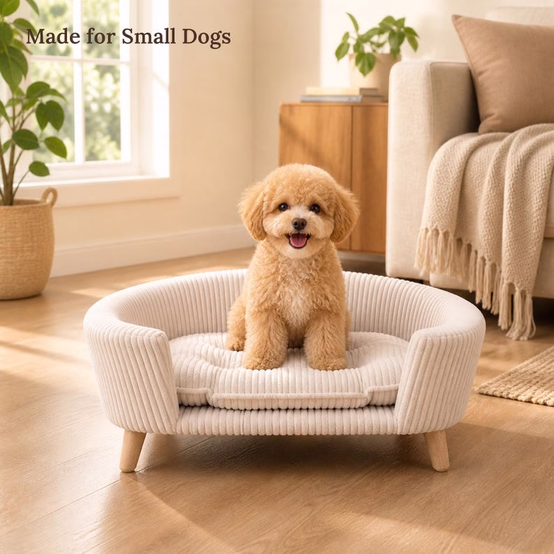 Elevated Dog Sofa Bed for Small Dogs, Beige Corduroy Pet Couch with Wood Legs, Cozy Puppy Bed, Small Dog Furniture, Modern Pet Bed - Image 7
