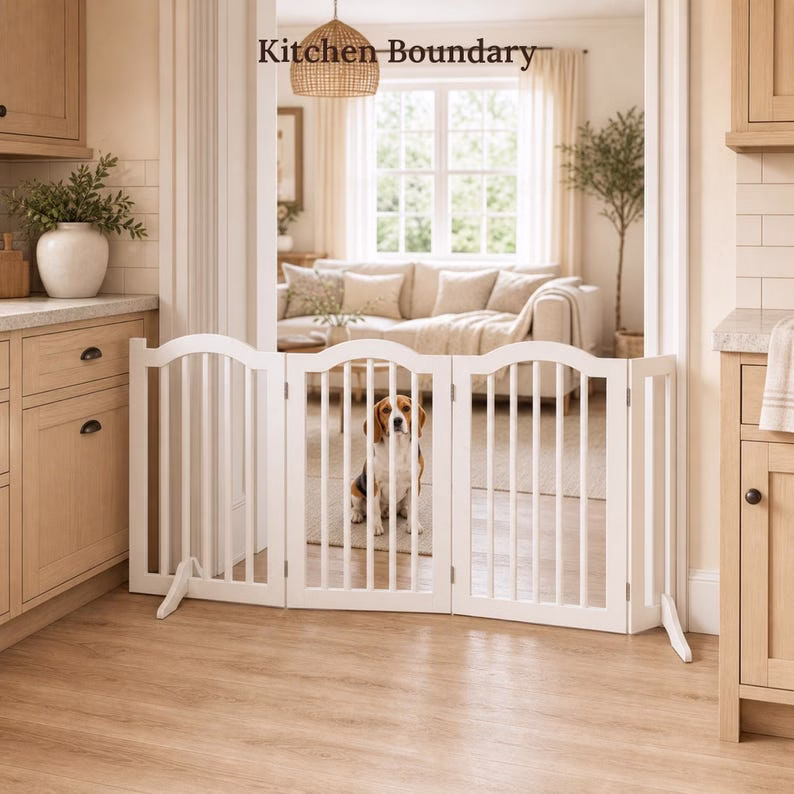 Freestanding Dog Gate, White Wooden 4 Panel Pet Fence, Foldable Indoor Puppy Barrier for Doorway Hallway Kitchen, No Assembly Pet Gate - Image 7