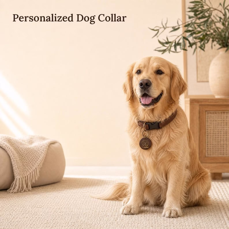 Personalized Dog Collar with Wooden Name Tag, Custom Pet ID Collar, Engraved Icon & Name, Brown Dog Collar - Image 8