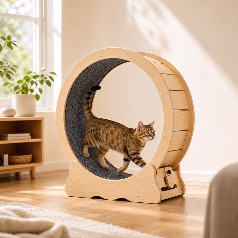 Cat Exercise Wheel for Indoor Cats, 29.5 Inch Wooden Cat Treadmill with Carpet Track, Cat Running Wheel, Modern Pet Furniture - Image 8