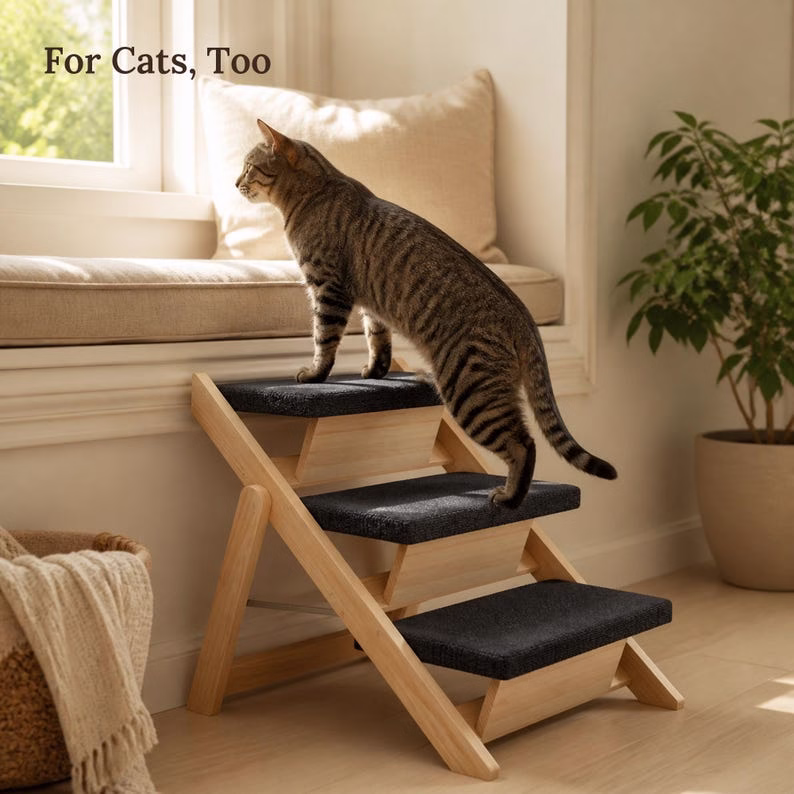 Dog Stairs for Bed, Foldable Wood Pet Steps & Ramp, 3 Step Non Slip Dog Ramp for Sofa, Cat Stairs, Natural Pine Pet Ladder - Image 8