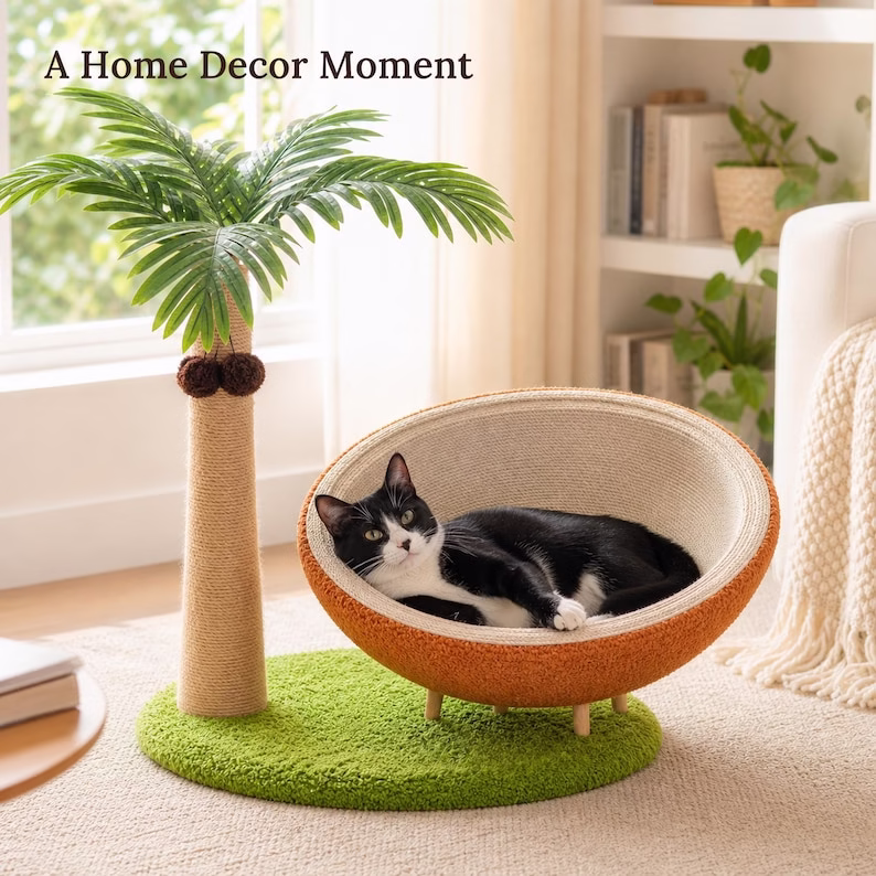 Tropical Cat Tree with Coconut Bed, Sisal Scratching Post & Pom Pom Toy, Indoor Cat Furniture, Large Cat Condo - Image 8