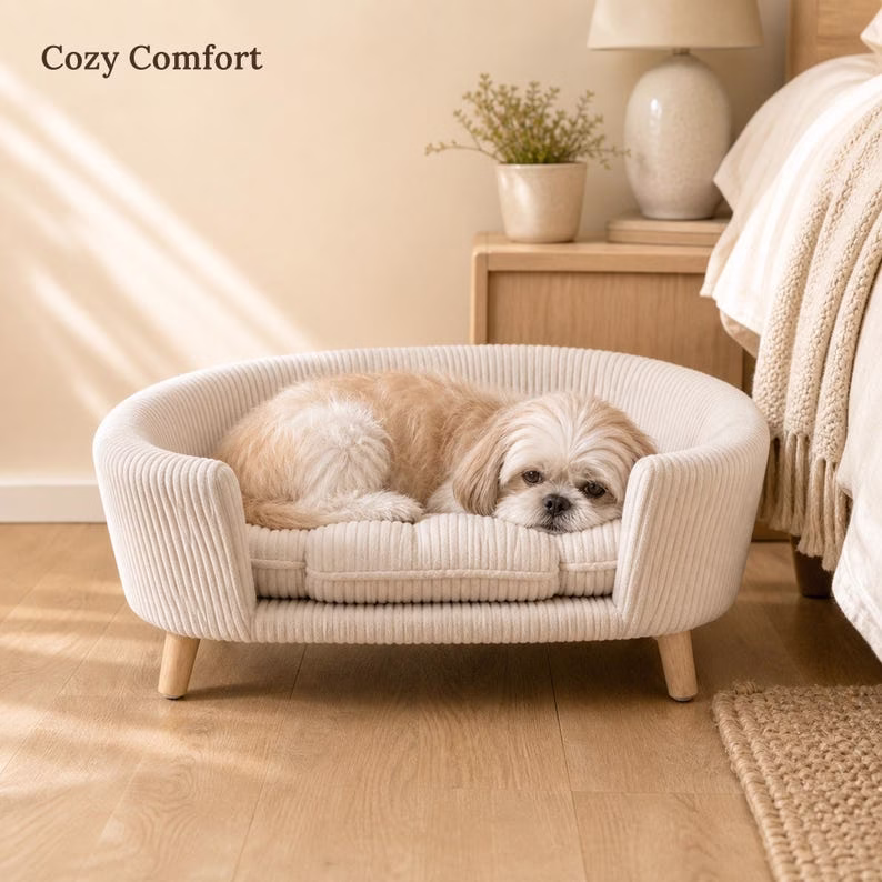 Elevated Dog Sofa Bed for Small Dogs, Beige Corduroy Pet Couch with Wood Legs, Cozy Puppy Bed, Small Dog Furniture, Modern Pet Bed - Image 8