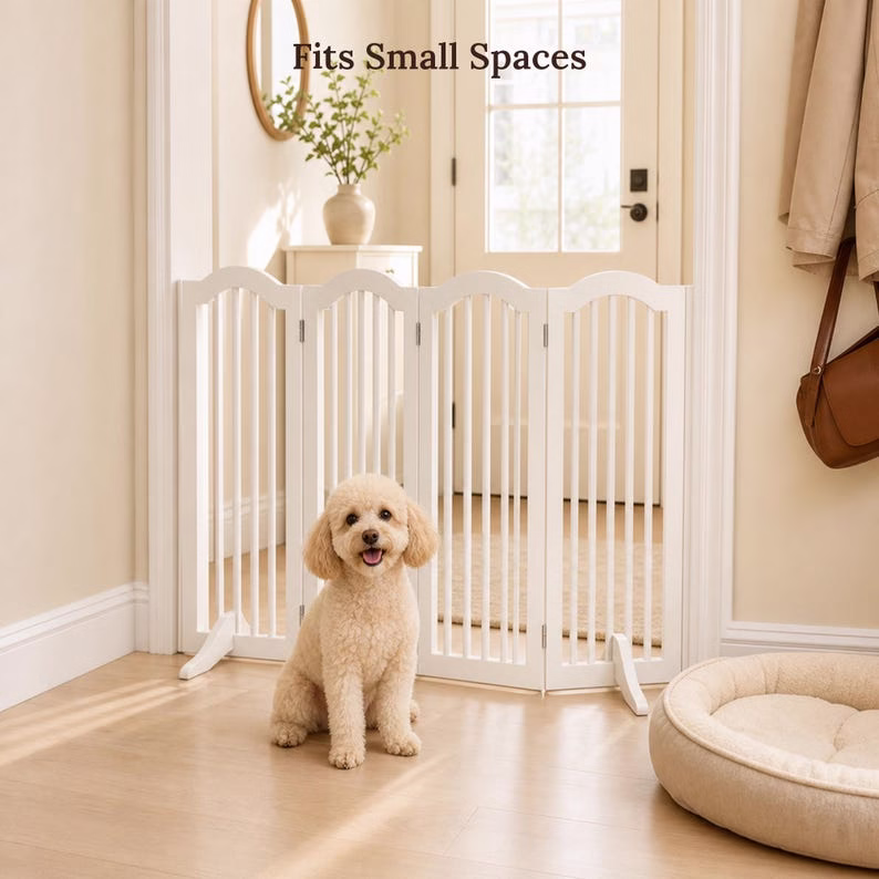 Freestanding Dog Gate, White Wooden 4 Panel Pet Fence, Foldable Indoor Puppy Barrier for Doorway Hallway Kitchen, No Assembly Pet Gate - Image 8