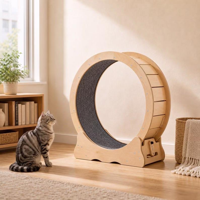 Cat Exercise Wheel for Indoor Cats, 29.5 Inch Wooden Cat Treadmill with Carpet Track, Cat Running Wheel, Modern Pet Furniture - Image 9