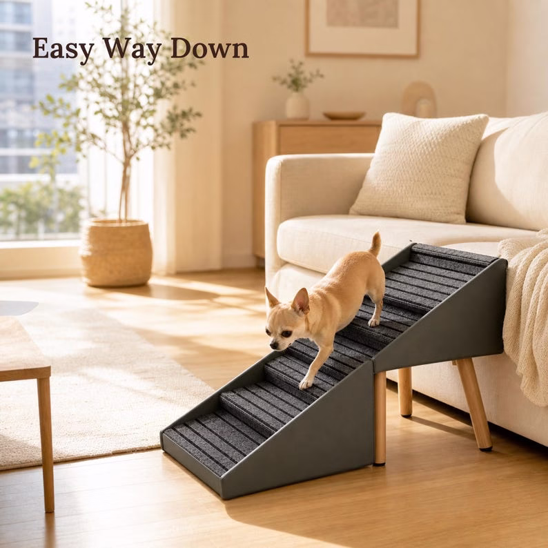 2-in-1 Folding Dog Ramp for Couch and Bed, 4 Step Pet Stairs for Small & Senior Dogs, Non Slip Carpet Tread, Grey Ottoman - Image 9