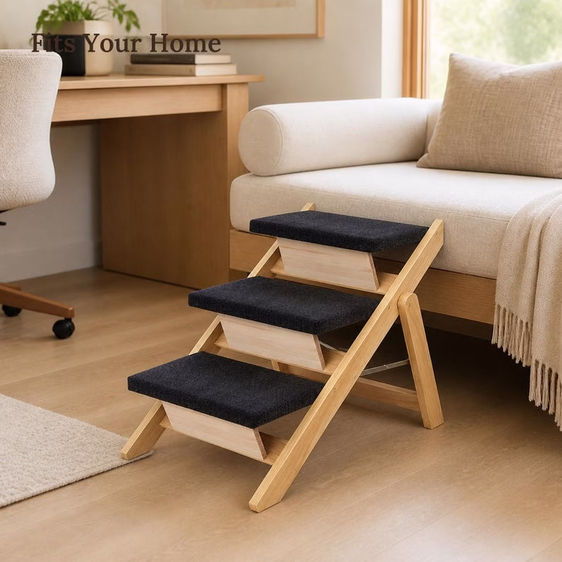 Dog Stairs for Bed, Foldable Wood Pet Steps & Ramp, 3 Step Non Slip Dog Ramp for Sofa, Cat Stairs, Natural Pine Pet Ladder - Image 9