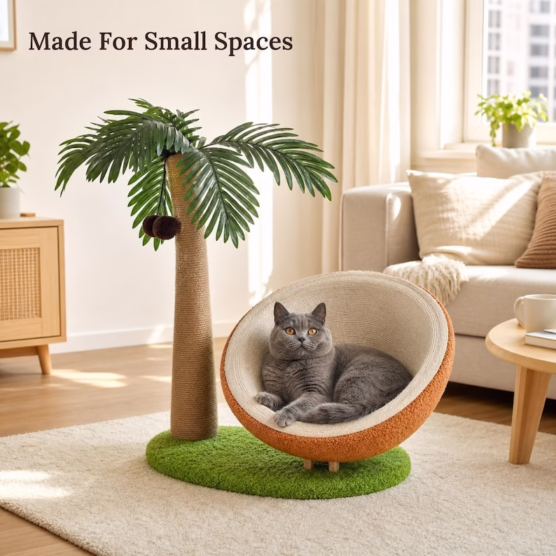 Tropical Cat Tree with Coconut Bed, Sisal Scratching Post & Pom Pom Toy, Indoor Cat Furniture, Large Cat Condo - Image 9