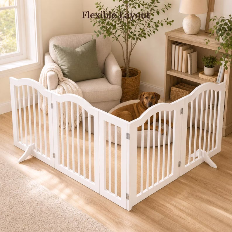 Freestanding Dog Gate, White Wooden 4 Panel Pet Fence, Foldable Indoor Puppy Barrier for Doorway Hallway Kitchen, No Assembly Pet Gate - Image 9