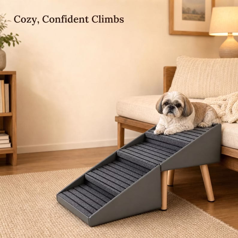 2-in-1 Folding Dog Ramp for Couch and Bed, 4 Step Pet Stairs for Small & Senior Dogs, Non Slip Carpet Tread, Grey Ottoman - Image 10